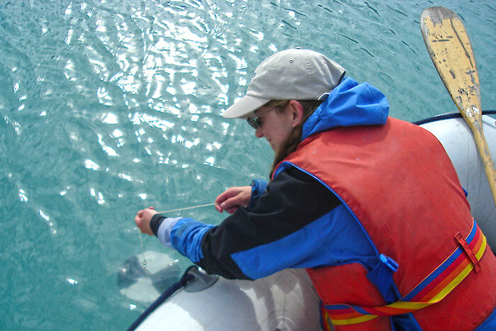 Measuring water clarity using a secchi disk.