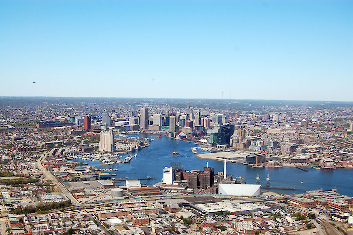 Aerial view of Baltimore and Baltimore Harbor. Photo by Alexandra Fries.