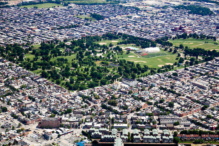 Patterson Park offers the only green space to much of the surrounding Baltimore neighborhoods. Photo Will Parson.