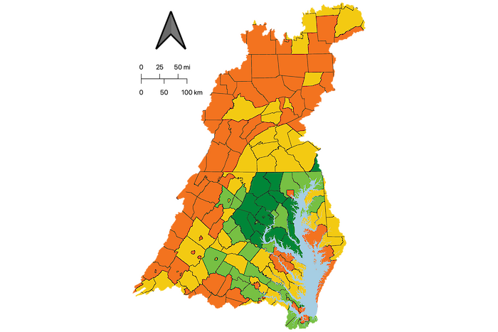 County-level map displaying median household income scores.