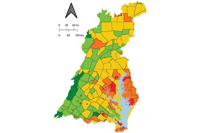 County-level map comparing housing affordability scores.