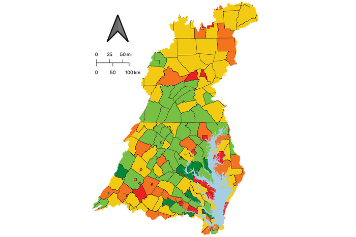 County-level map comparing income inequality scores.