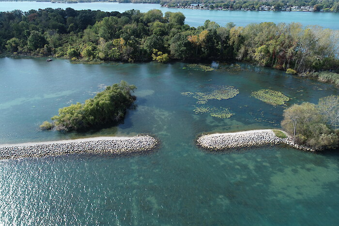 An aerial view of a habitat restoration project on the Detroit River. Photo credit: Friends of the Detroit River.