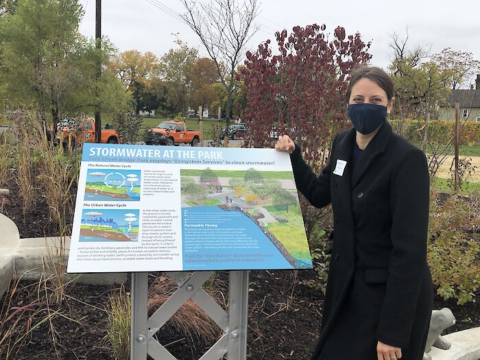 A new sign in a local park details local efforts to control stormwater flow into the Rouge River. Photo credit: Friends of the Rouge River.